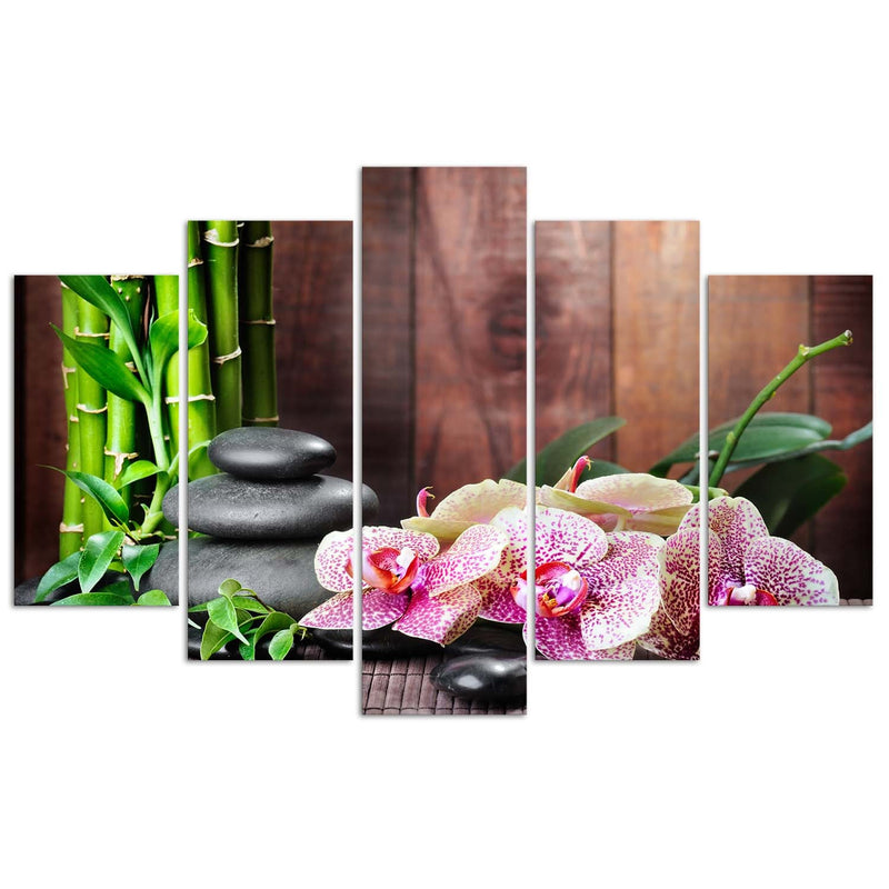 Panel decorativo con cuadros de cinco piezas, composición zen con orquídeas y bambú