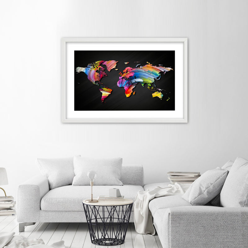 Picture in white frame, World map in different colours