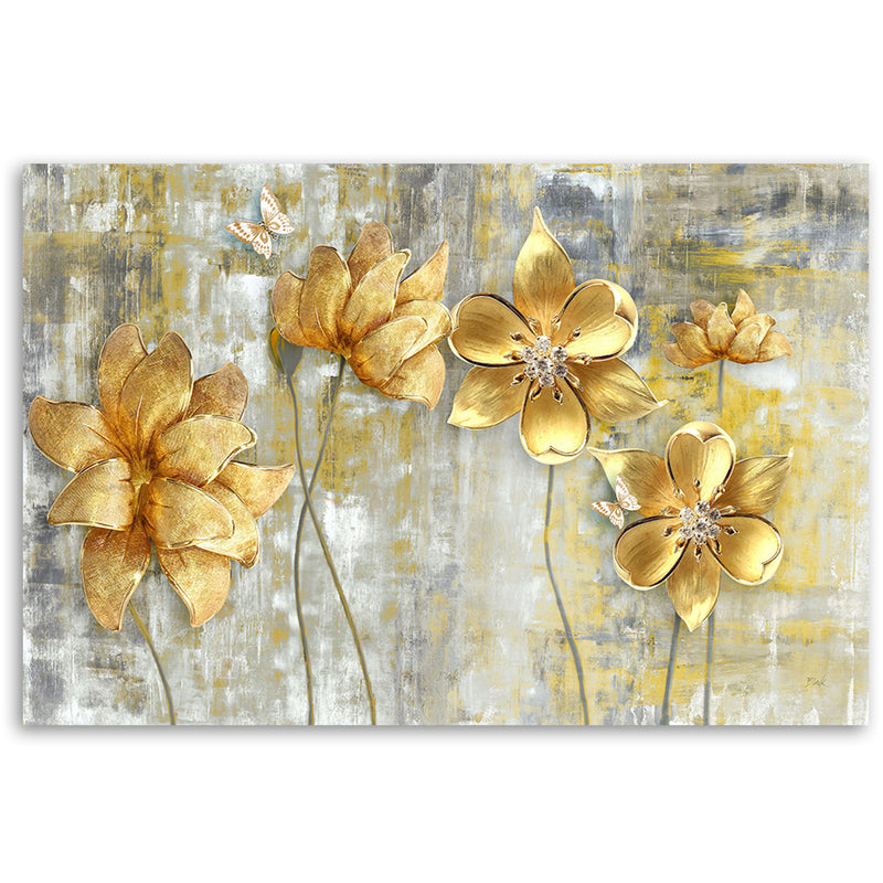 Cuadro, Flores y mariposas doradas.