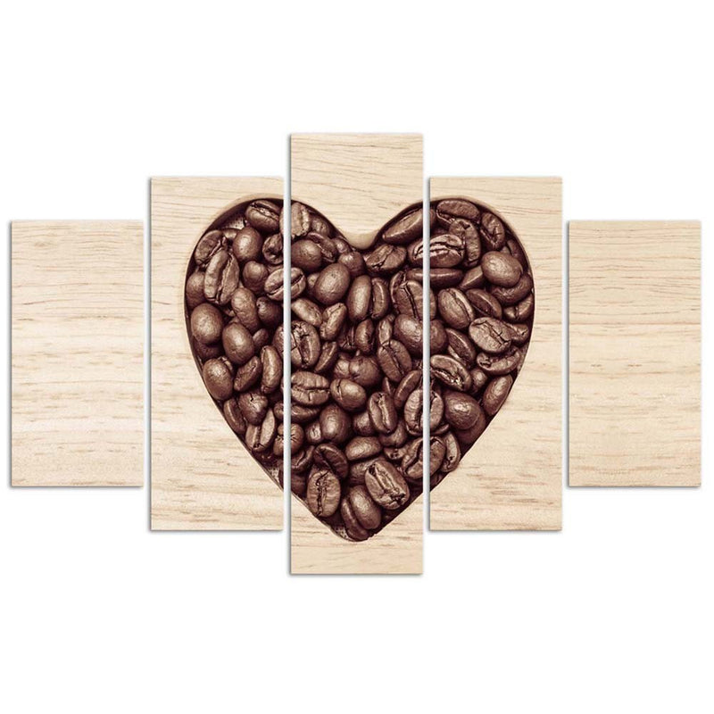 Cuadro en lienzo de cinco piezas, Corazón de grano de café