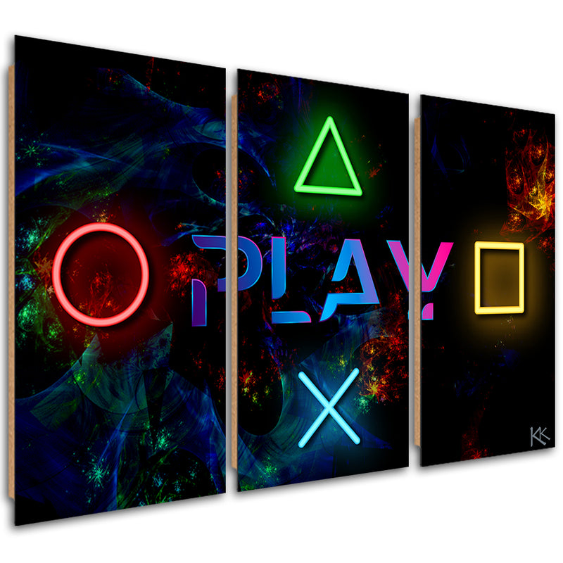 Panel decorativo con imagen de tres piezas, Play y botones para el pad.
