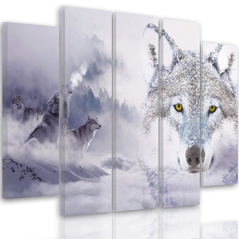 Cuadro en lienzo de cinco piezas, Lobo salvaje en la nieve