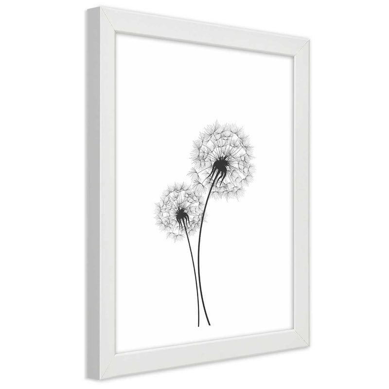 Picture in white frame, Drawn two dandelions