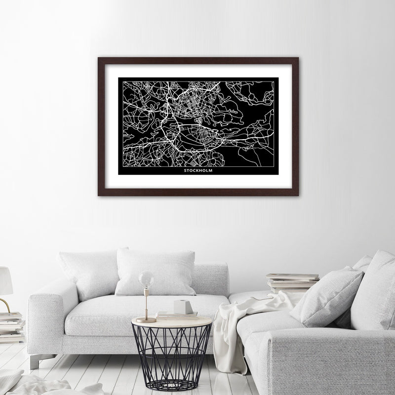 Picture in brown frame, City plan stockholm