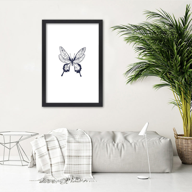 Picture in black frame, Drawn butterfly