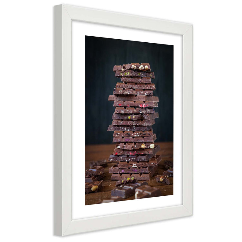 Cuadro en marco blanco, Torre de chocolate de postre