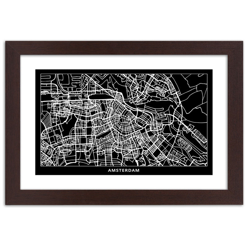 Cuadro en marco marrón, Plano de la ciudad de Ámsterdam