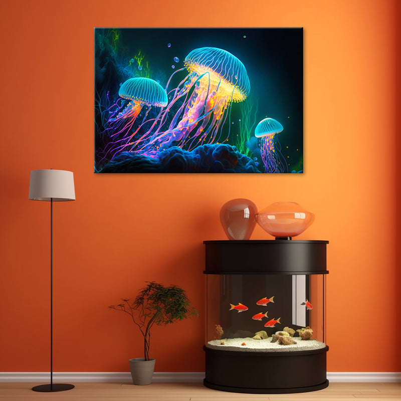 Deco panel print, Neon jellyfish underwater