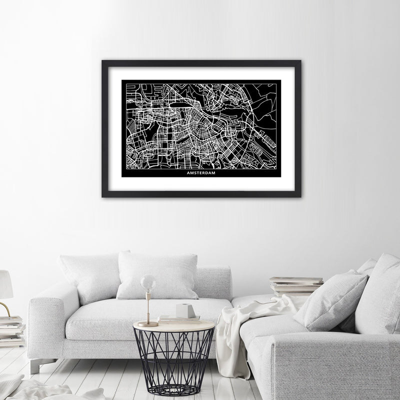 Picture in black frame, City plan amsterdam