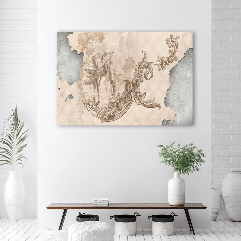 Canvas print, Birds and leaves on an oriental fresco