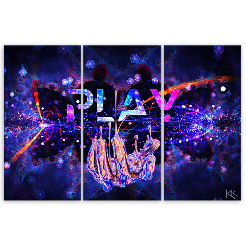 Three piece picture canvas print, Neon sign Play