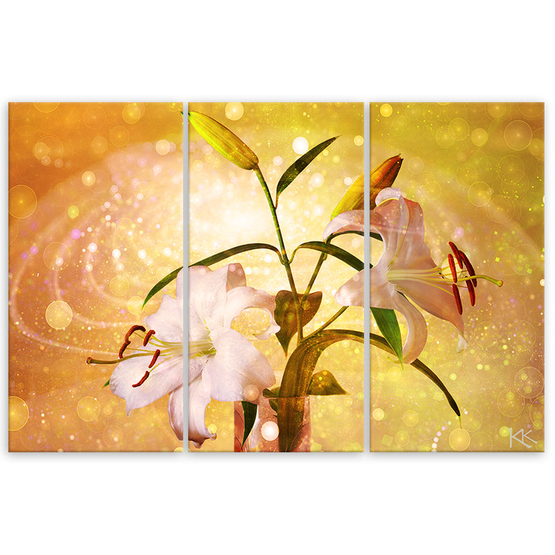 Three piece picture canvas print, Lily on yellow background
