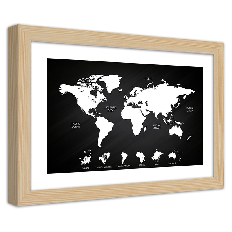 Imagen en marco natural, mapa mundial contrastante y continentes