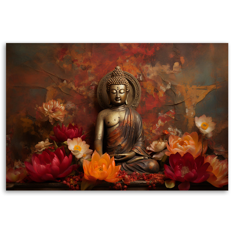 Deco panel picture, Meditating Buddha and colourful flowers