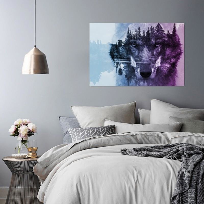 Canvas print, Wolf in the forest - purple modern