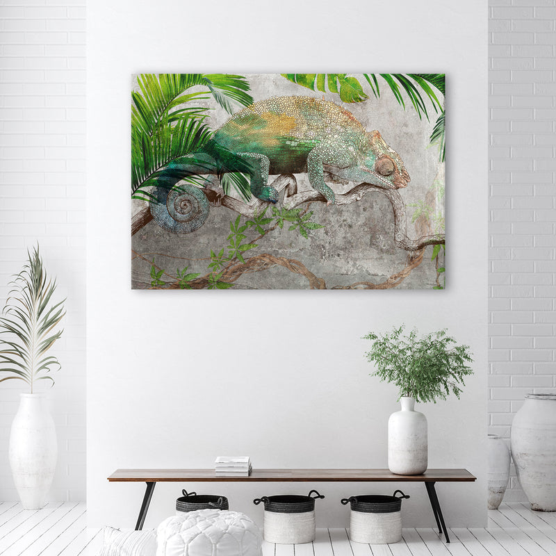 Deco panel print, Chameleon on branch jungle