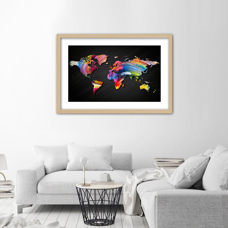 Imagen en marco natural, mapa mundial en diferentes colores.