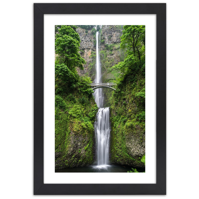 Picture in black frame, Bridge over a waterfall