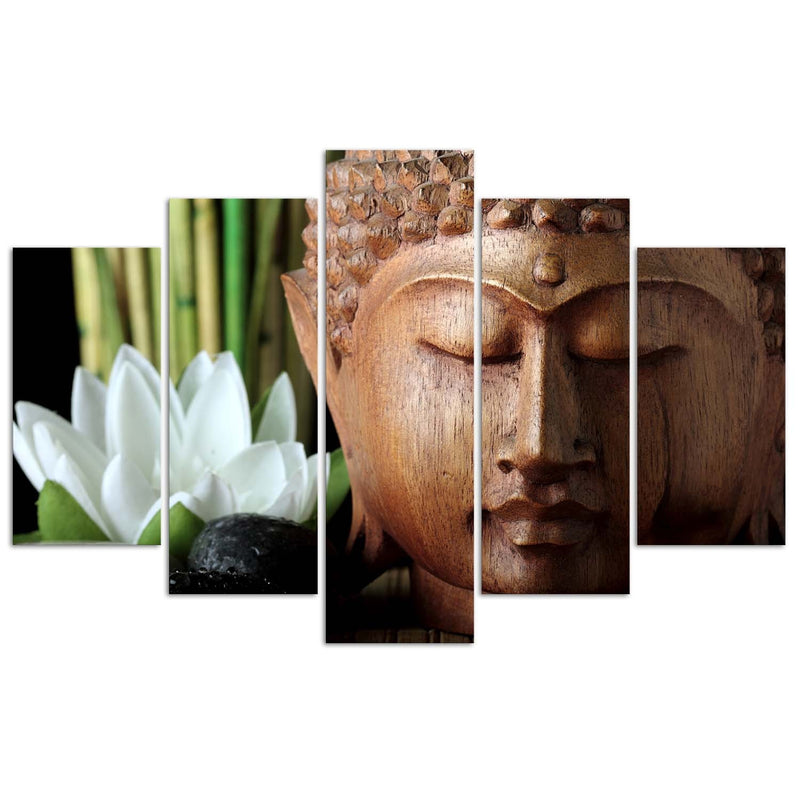 Cuadro en lienzo de cinco piezas, Buda y una flor blanca