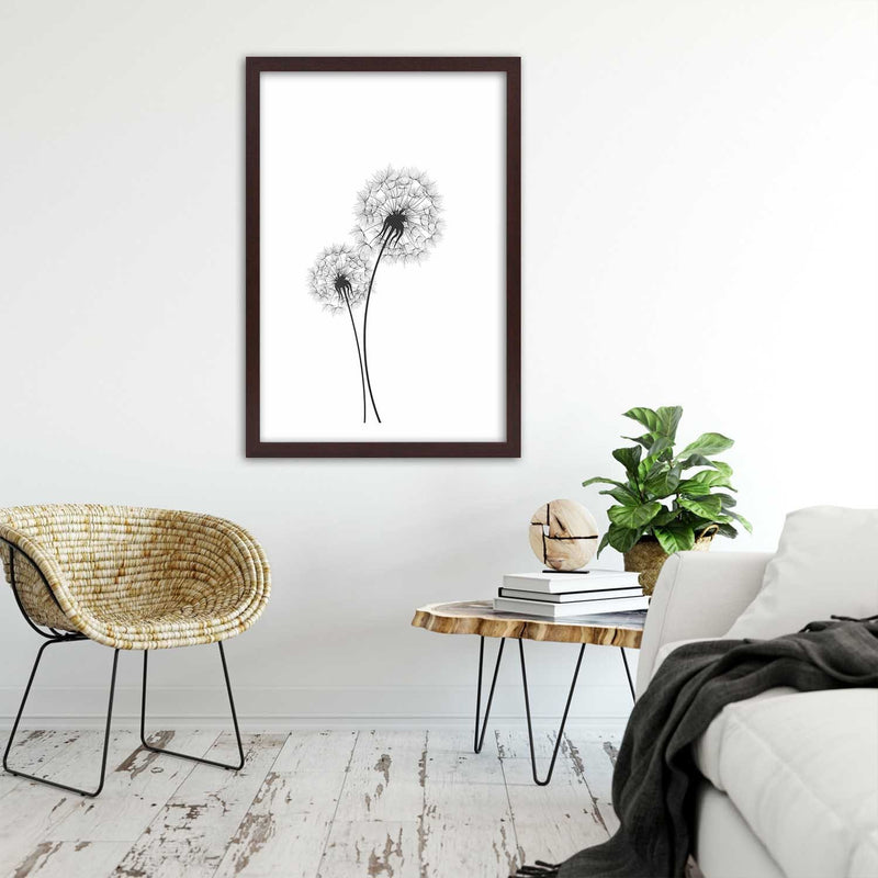 Picture in brown frame, Drawn two dandelions