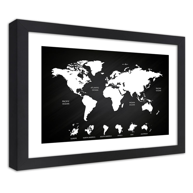 Picture in black frame, Contrasting world map and continents