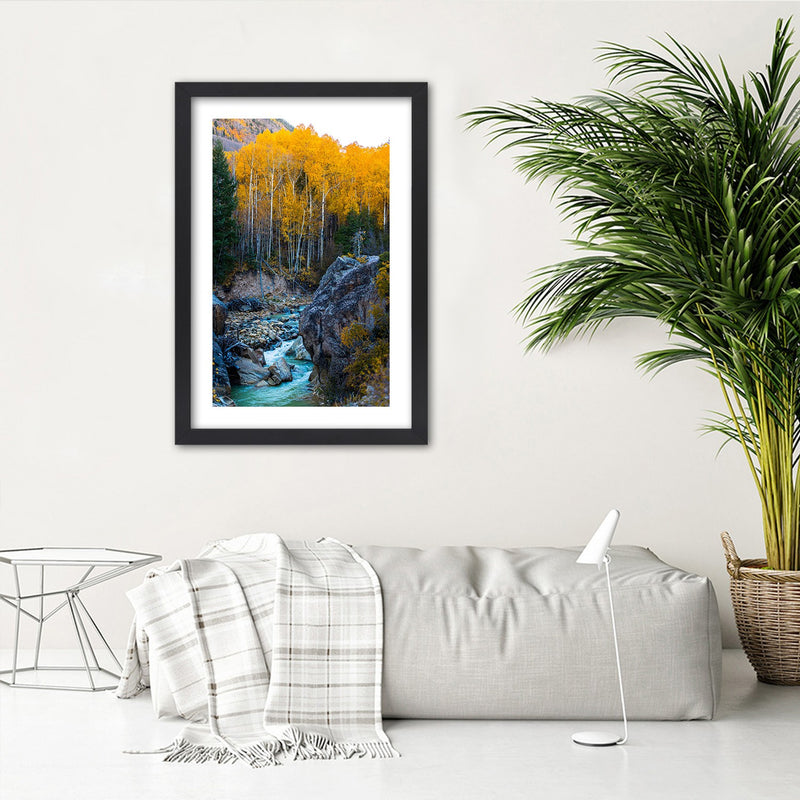 Picture in black frame, A stream in the forest