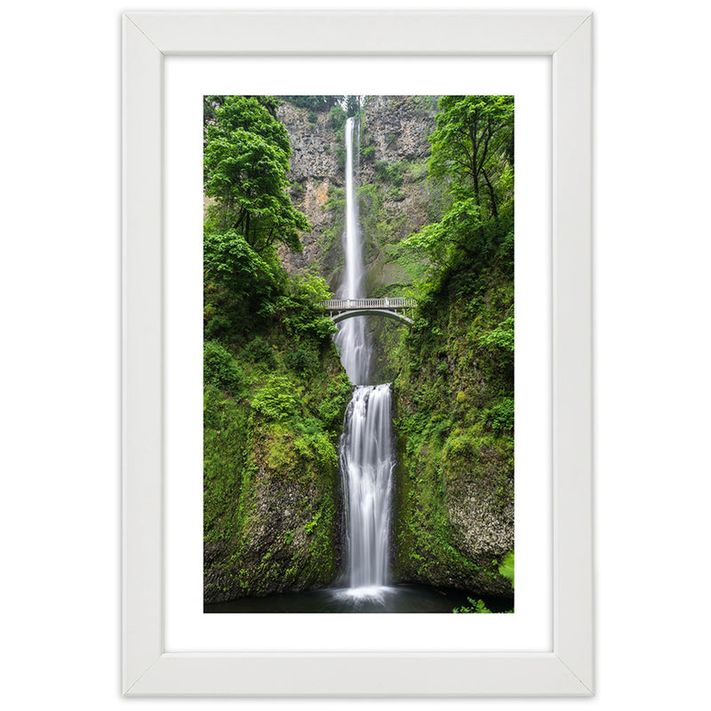 Picture in white frame, Bridge over a waterfall