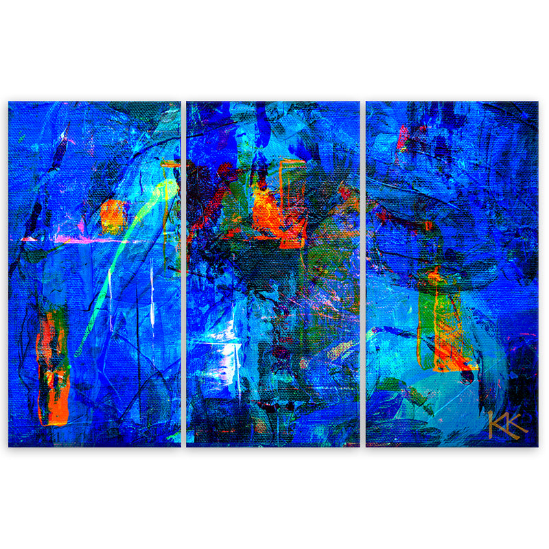 Three piece picture canvas print, Blue abstract hand painted