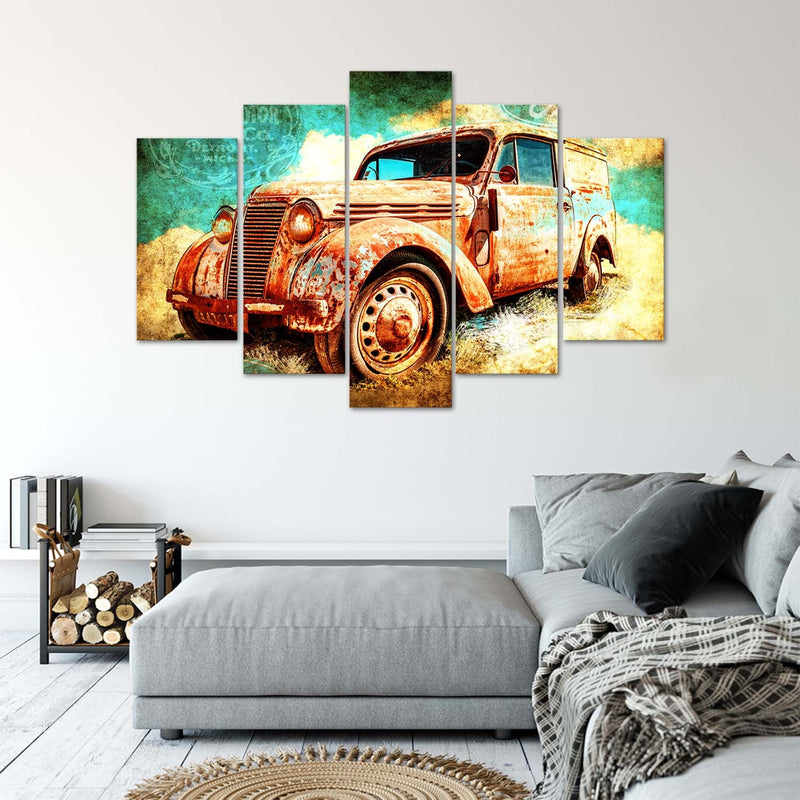 Five piece picture canvas print, Rusty car