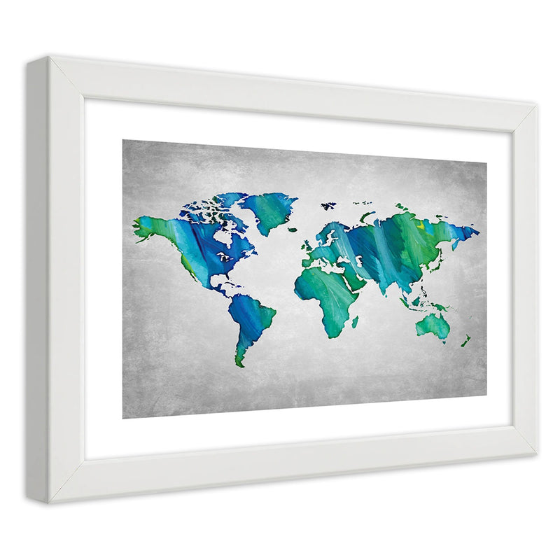Picture in white frame, Coloured world map on concrete