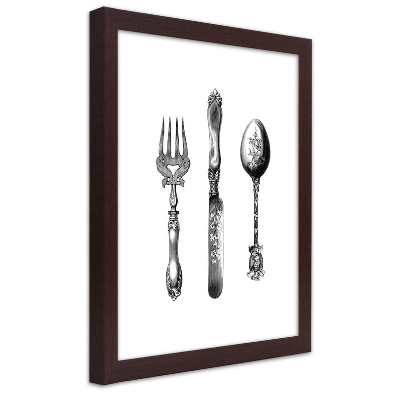Picture in brown frame, Rustic cutlery