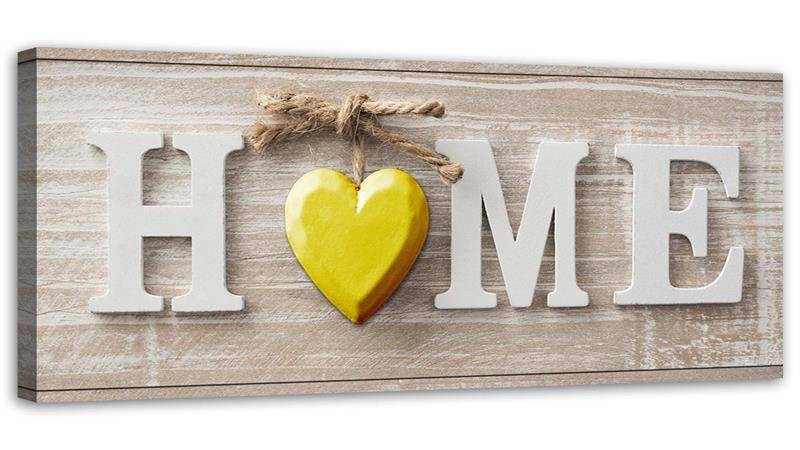 Canvas print, Home inscription with a yellow heart on light wood