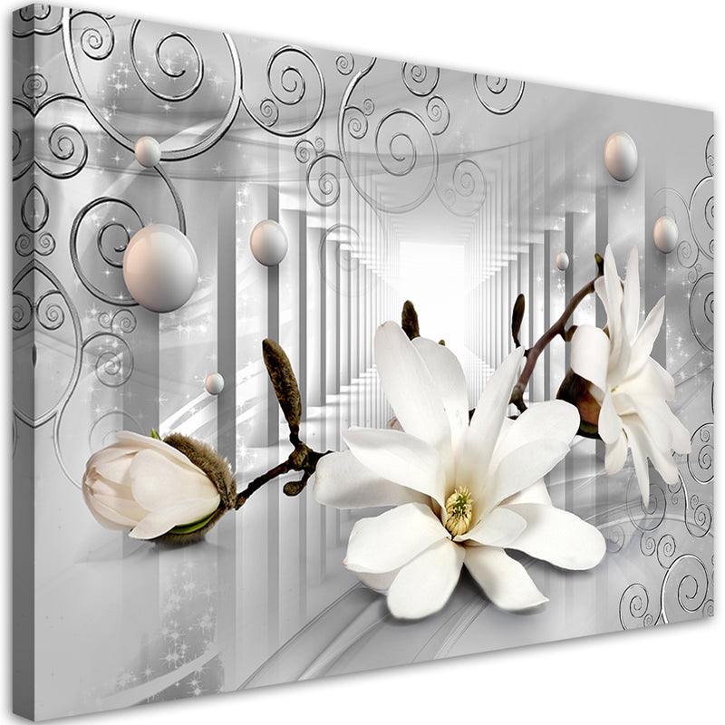 Canvas print, Flowers in tunnel and 3D silver balls