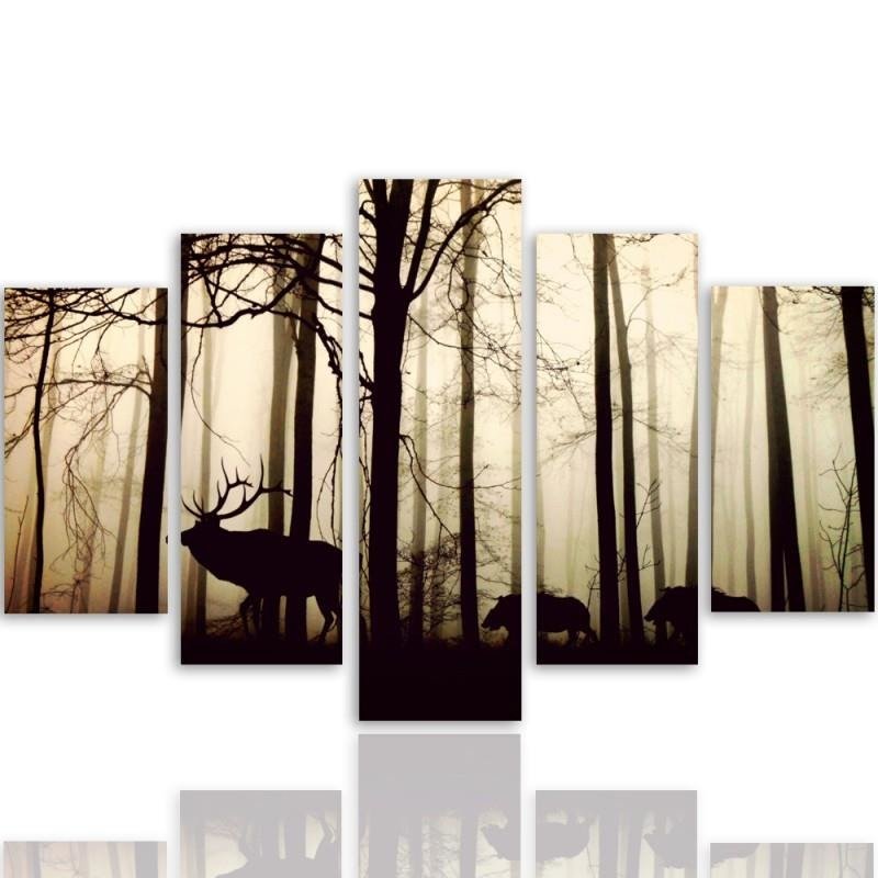 Cuadro en lienzo de cinco piezas, Ciervos en el bosque