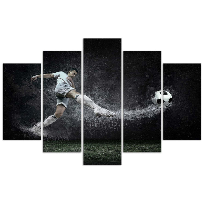 Five piece picture canvas print, Footballer on wet turf