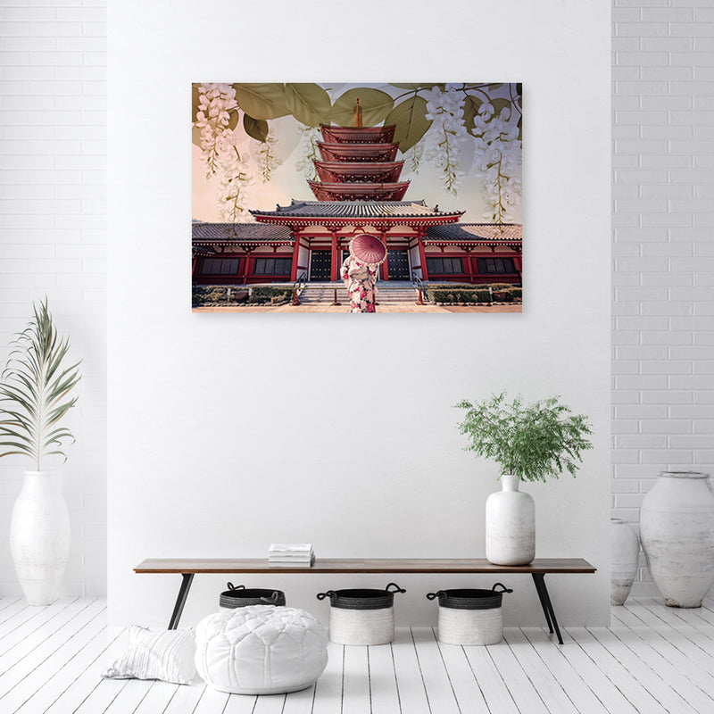 Canvas print, Japanese Geisha and temple