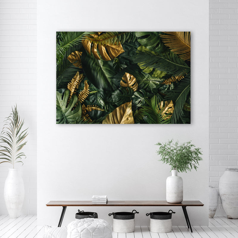Deco panel print, Golden tropical leaves