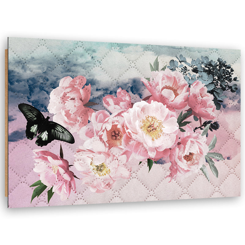 Deco panel print, RÃ³Å¼owe kwiaty i czarny motyl