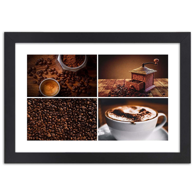 Imagen en marco negro, molinillo de granos de café y café.