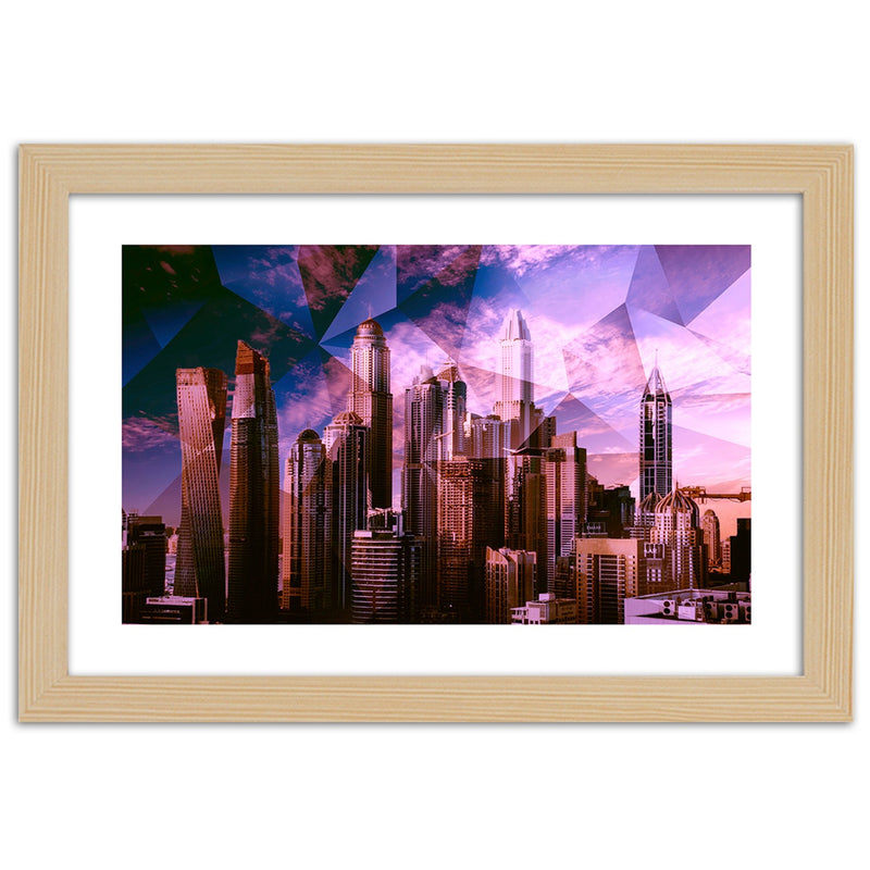 Picture in natural frame, Geometric city in purple