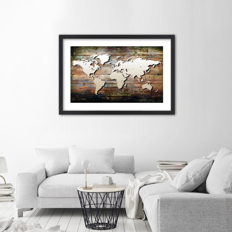 Picture in black frame, World map on old planks