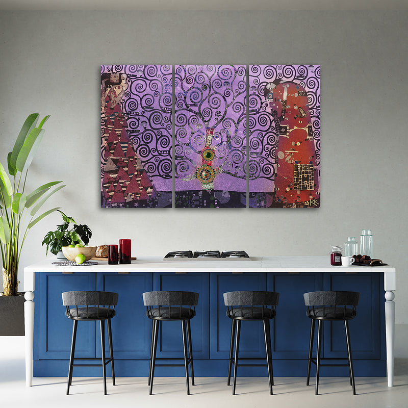 Impresión en lienzo de tres piezas, abstracto Violet Tree of Life
