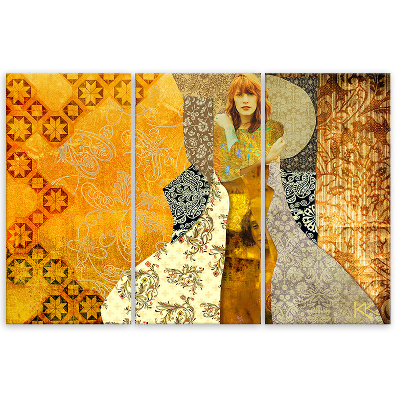 Three piece picture canvas print, Woman on decorative background