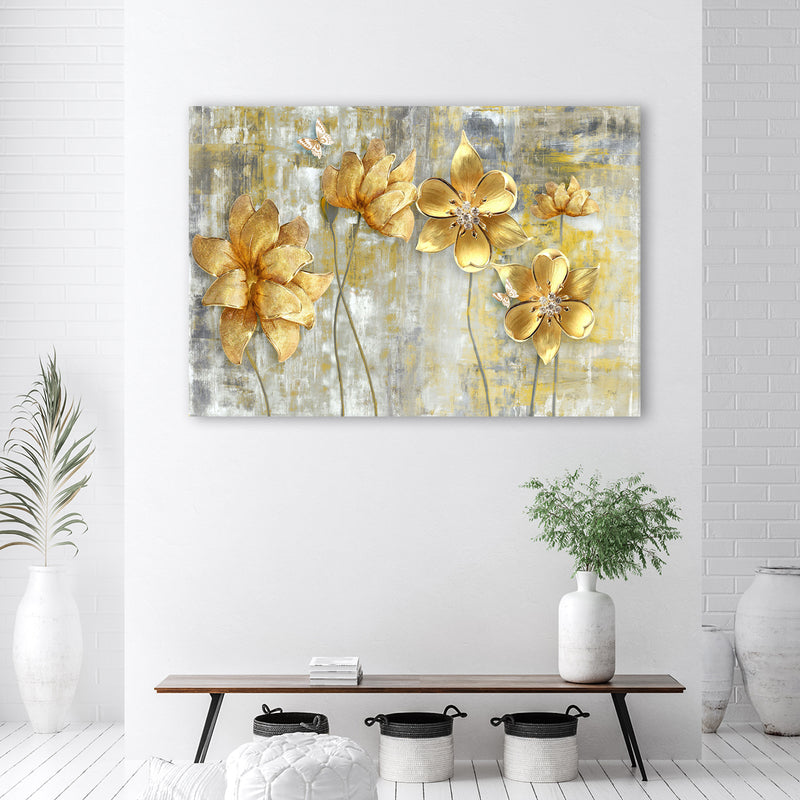 Panel decorativo estampado, flores y mariposas doradas.