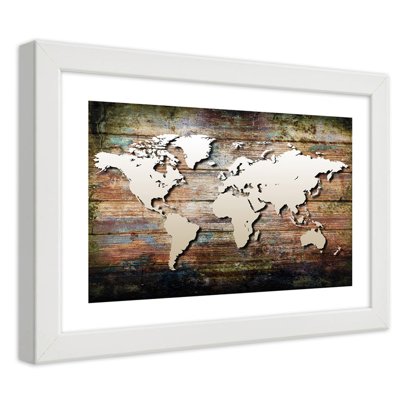 Imagen en marco blanco, mapa mundial sobre tablones viejos
