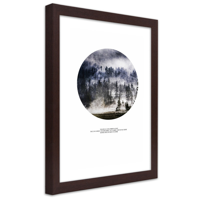 Cuadro en marco marrón, Bosque en niebla