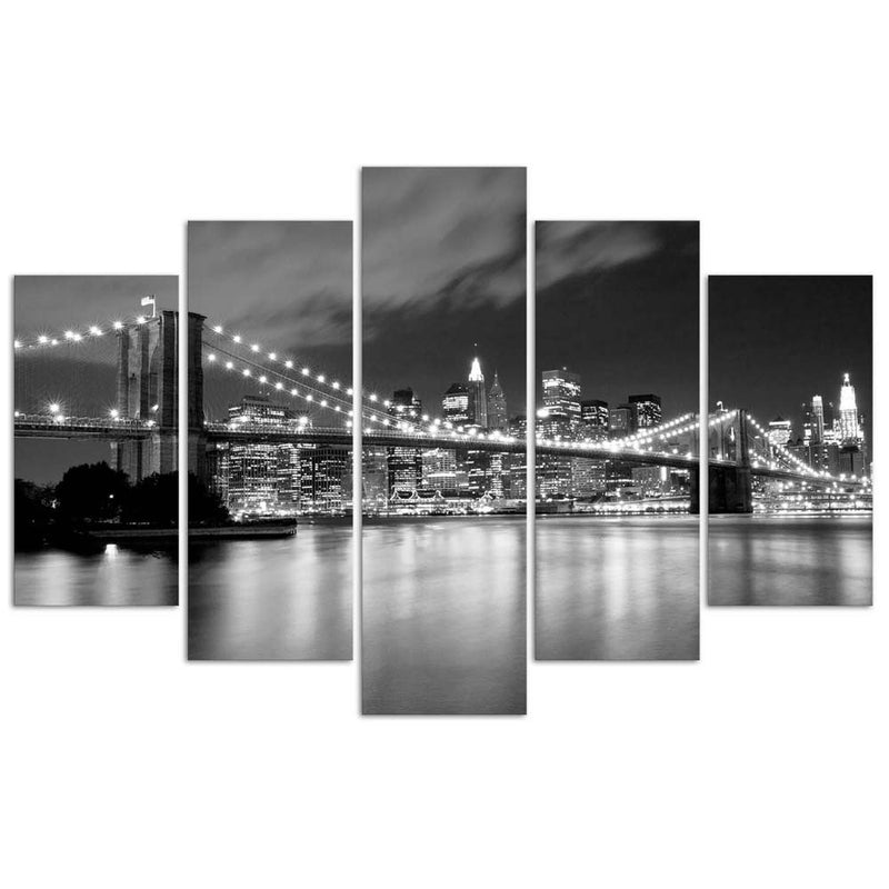 Five piece picture deco panel, Brooklyn bridge at night black and white