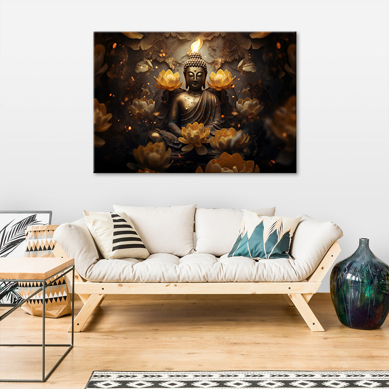Cuadro de panel decorativo, Buda dorado y flores de loto.