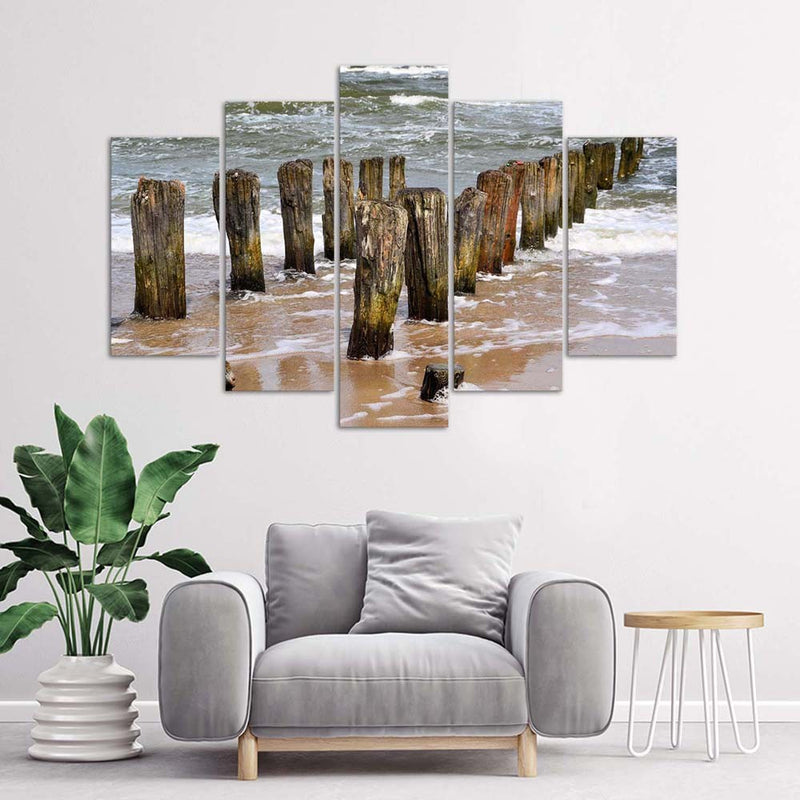 Five piece picture canvas print, Waves on the beach