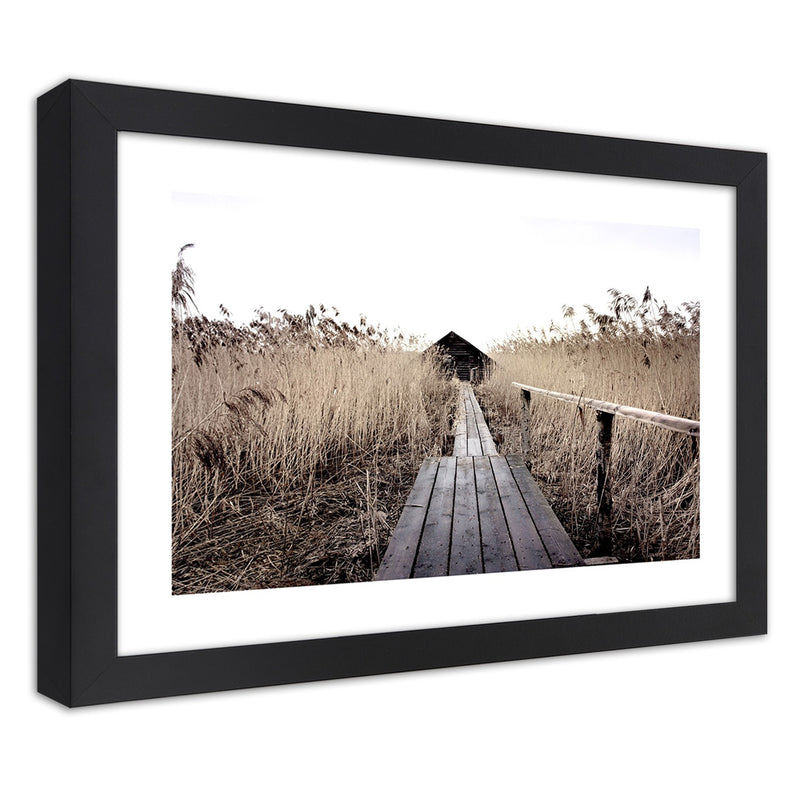 Picture in black frame, Old pier in high reeds